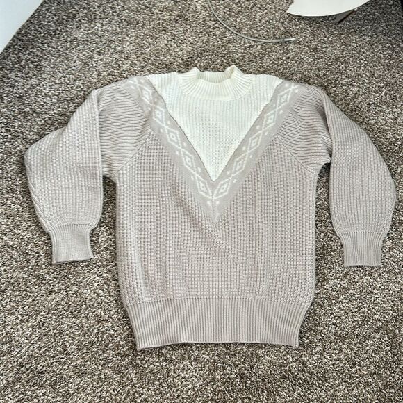 Vintage Chevron Longsleeve Womens Petite Cream Beige Sweater - Picture 5 of 14